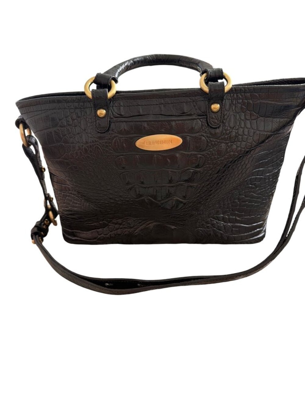 Brahmin Womens Black Croc Embossed Leather Convertible Satchel Crossbody Bag
